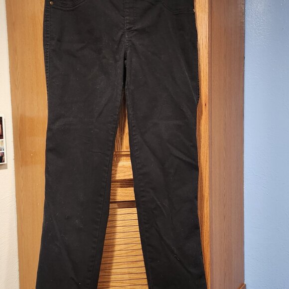 IMAN Women's Gold Buttons Pants Size M Solid Black Straight Leg Stretch Jeans - Picture 2 of 9